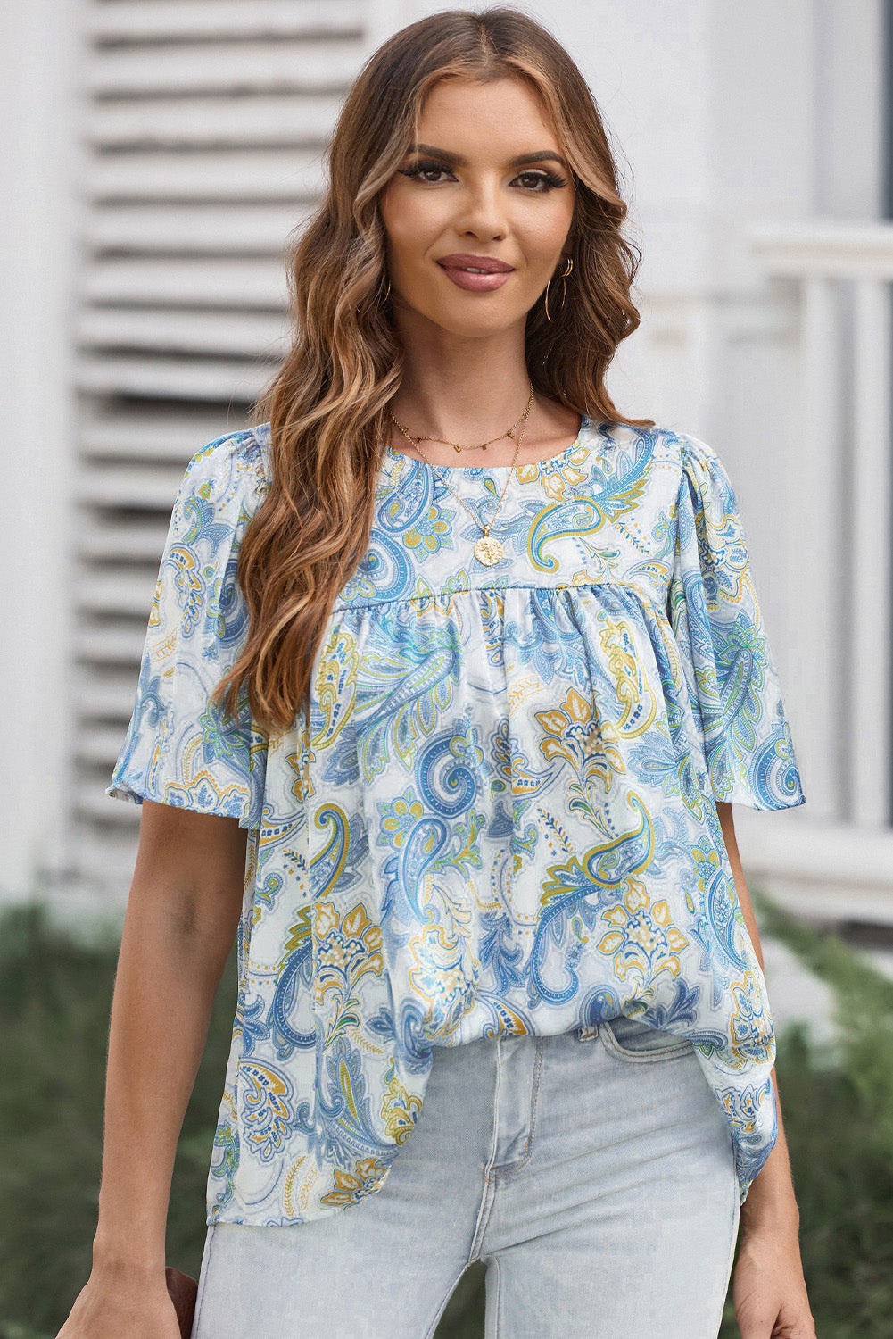 Sky Blue Paisley drucken breite Ärmel lose Bluse