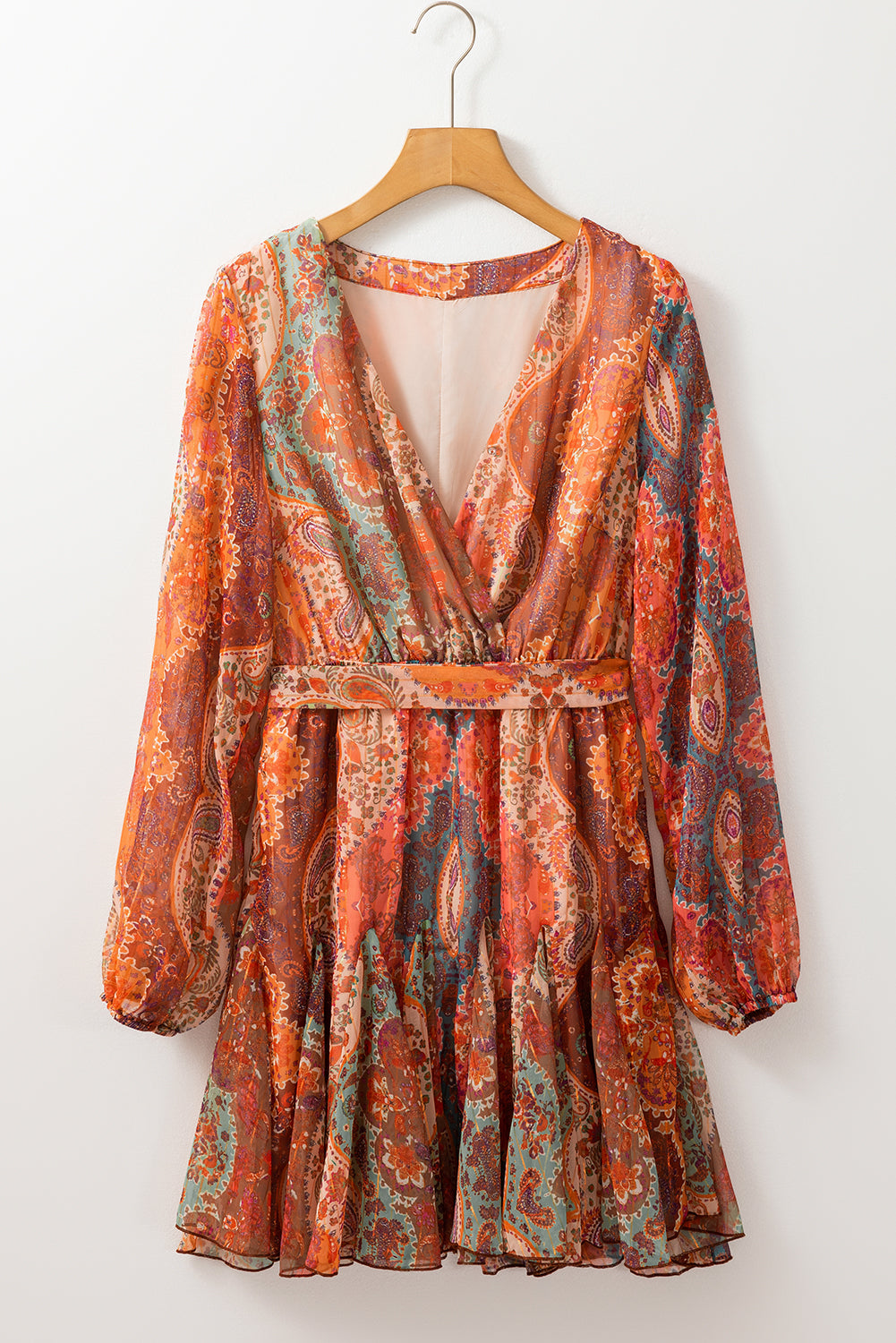 Orange Boho Paisley Stampa Mini Abito con cintura a manica lunga