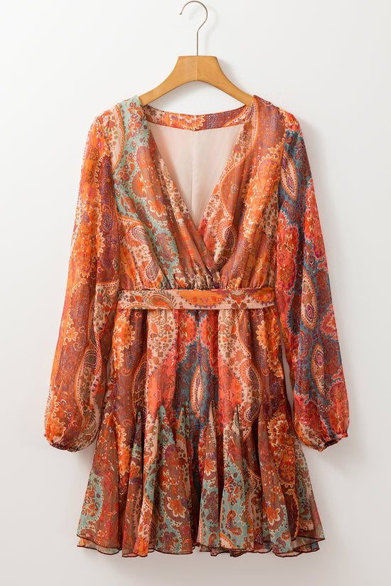 Orange bohemian paisley print mini dress with long sleeves and pleated belt