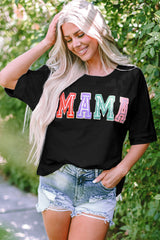 Camiseta de colon roja negra y parches de mamá cet