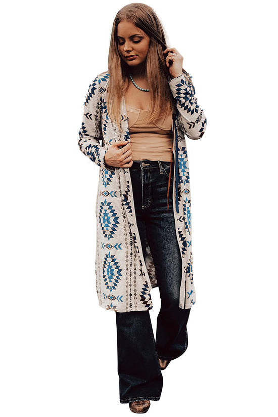 Long cardigan open on the front western Aztec print blue sky