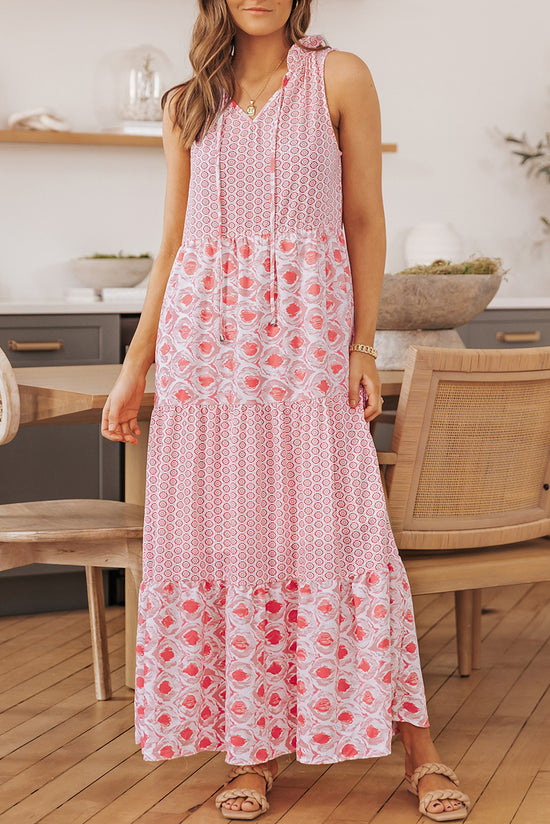 Long dress without sleeve with split and abstract pink print