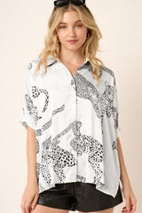 Chemise beige à manches mi-longues boutonnée à imprimé guépard-A WOMAN WE LOVE