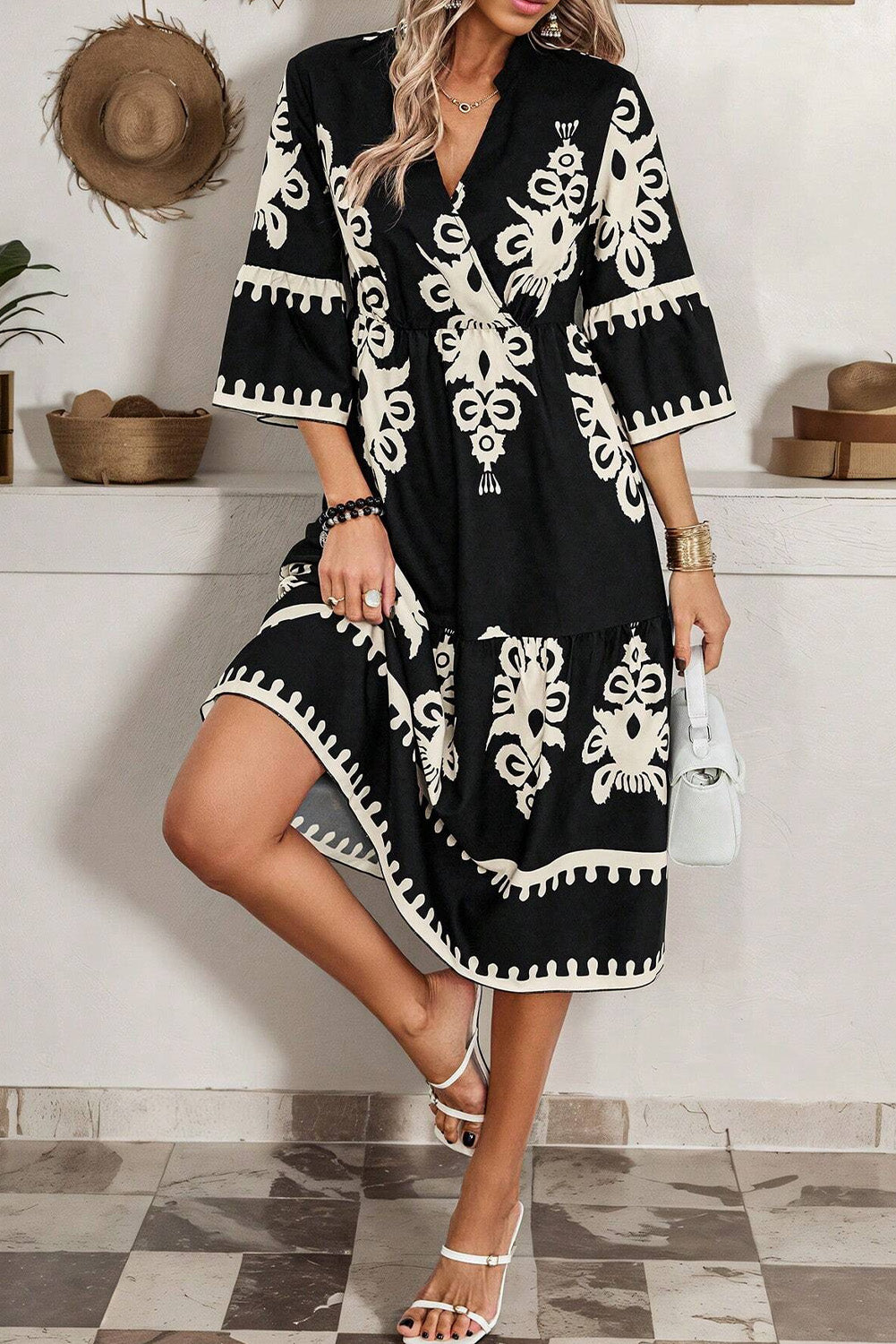 Robe midi ample noire à imprimé géométrique western à manches 3/4