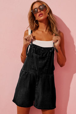 Black denim casual romper with straps and eyelets