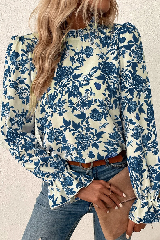 Sky blue blouse with floral print and ruffle sleeves *