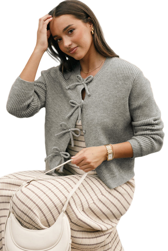 Philippine Grey Ribbed Knit Button-Up Cardigan with Knot Front