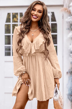 Khaki Textured Ruffle V-Neck High Waist Mini Dress