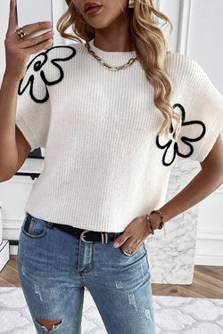 High sweater embroidered with white flowers