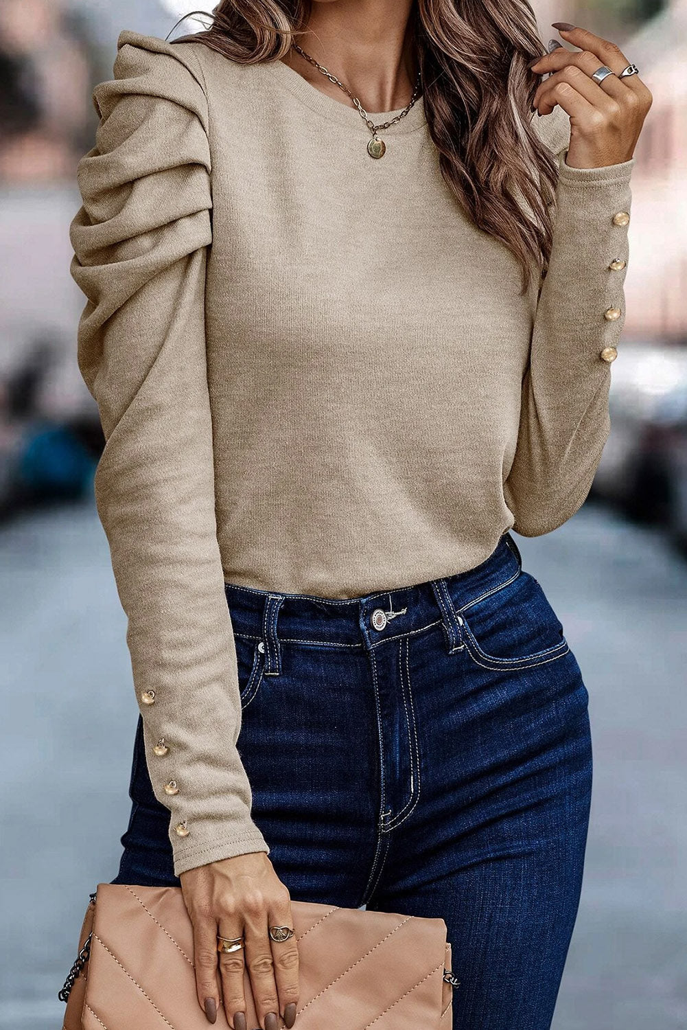 Khaki buttoned sheath top with long puff sleeves
