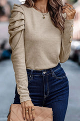 Khaki buttoned sheath top with long puff sleeves