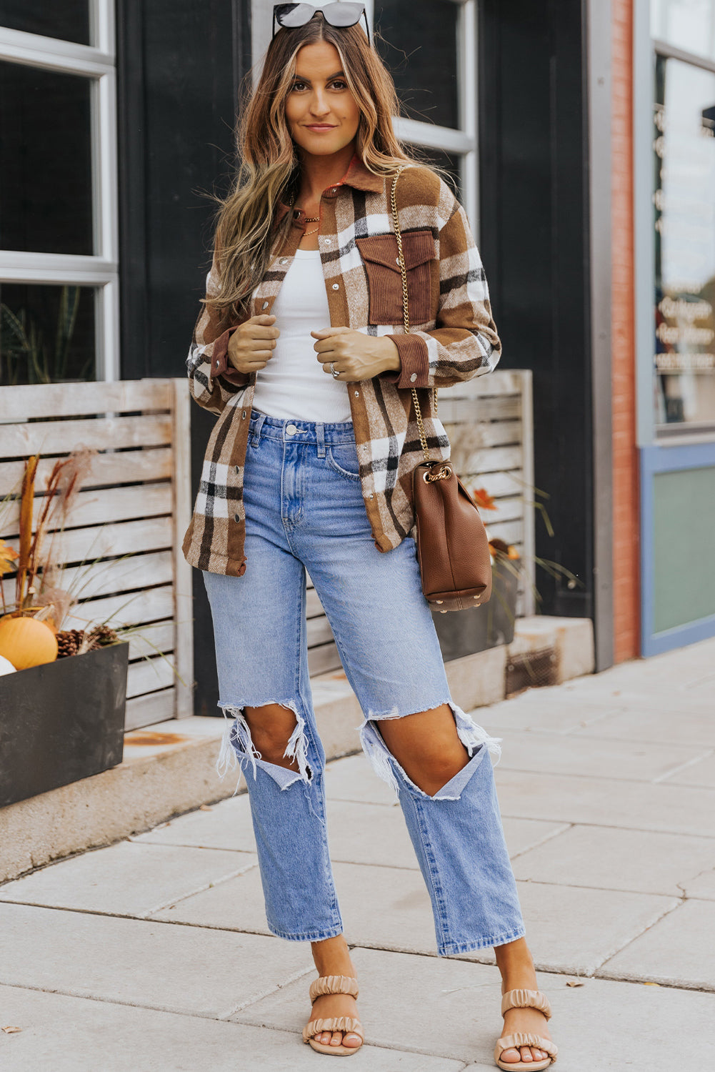 Veste-chemise à carreaux boutonnée et avec poches marron