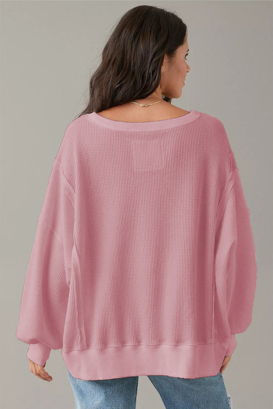 Pink Waffle Knit Bishop Sleeve Split Oversized Top