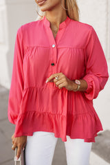 Blouse rose à manches longues et volants à moitié boutonnés-A WOMAN WE LOVE