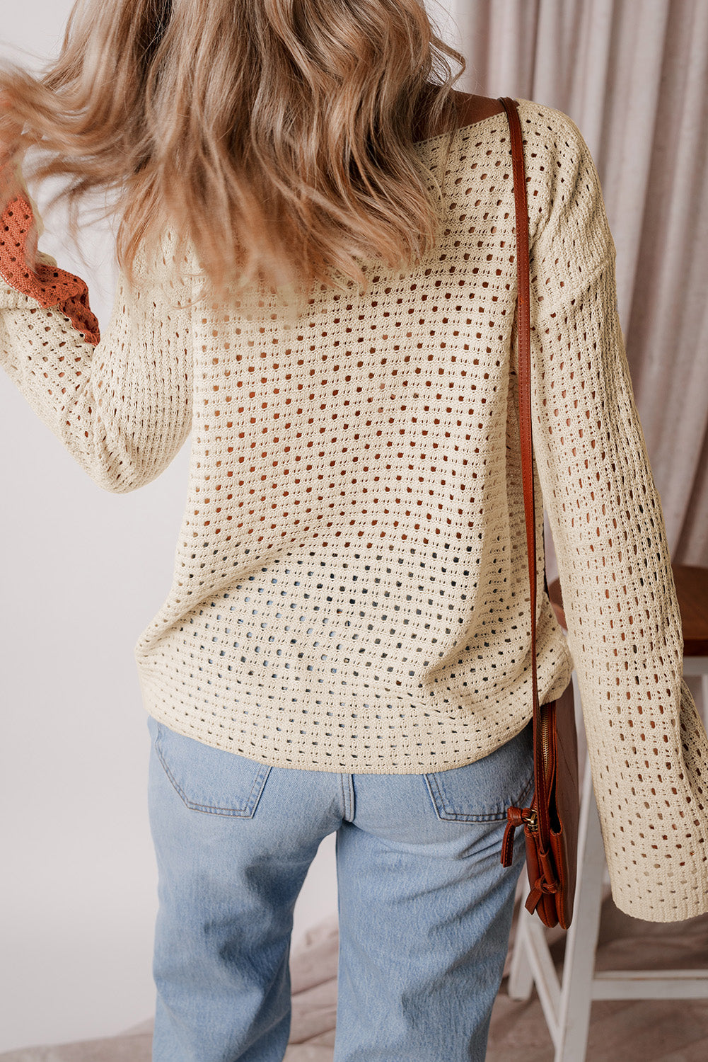 Apricot Pointelle Knit Colorblock Sweater Haggy