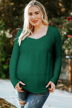 Green Long Sleeve V-Neck Lace Crochet Top