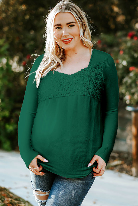 Green Long Sleeve V-Neck Lace Crochet Top