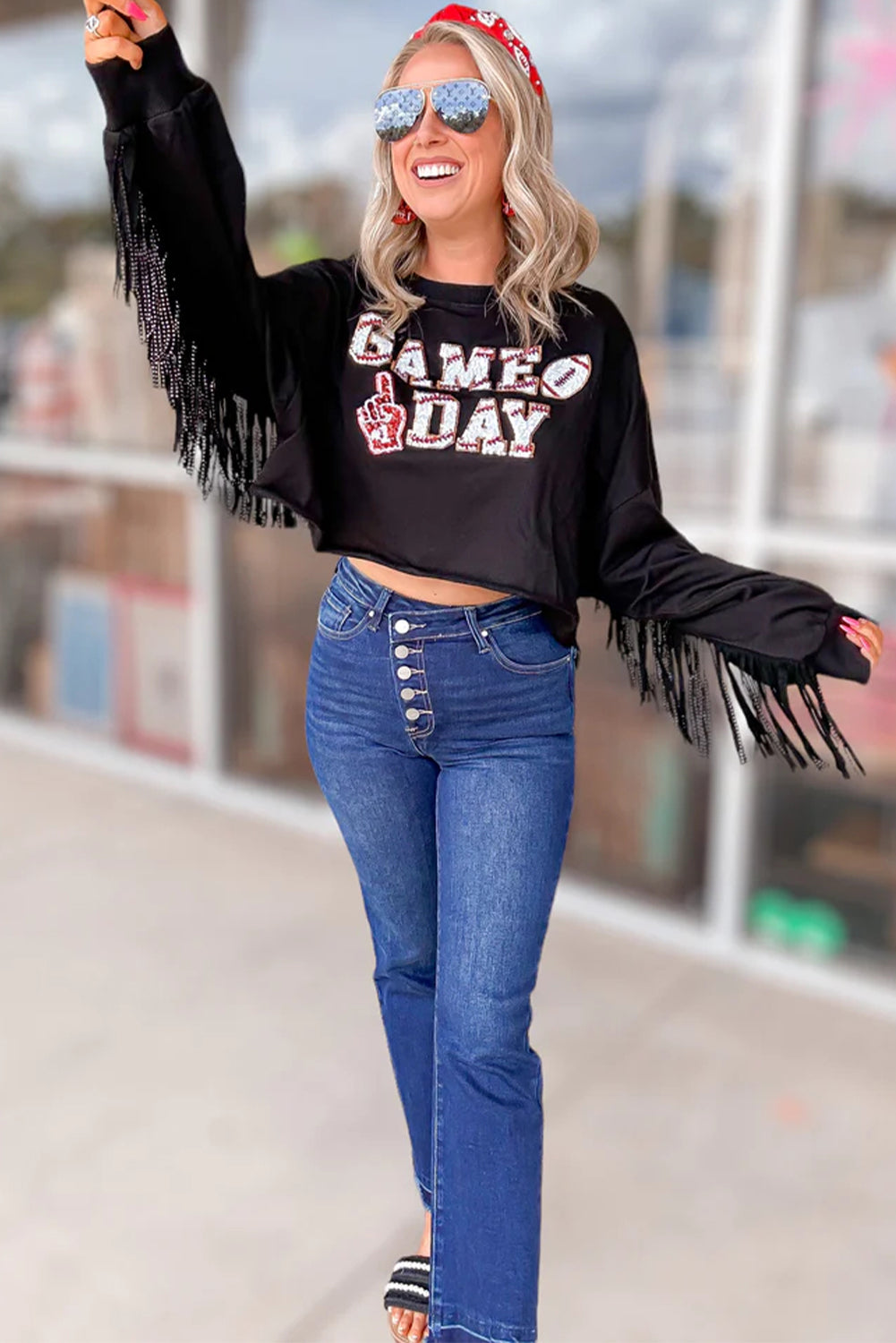 GAME DAY Rugby Black Fringed Sequin Cropped Sweatshirt