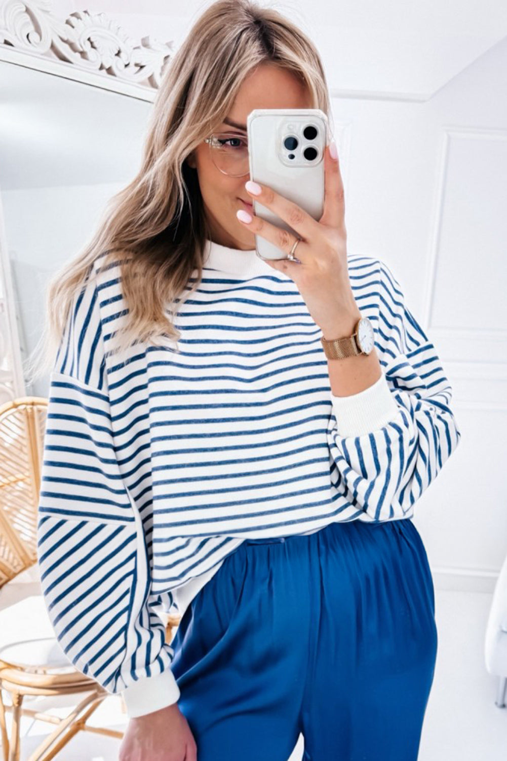 Blue Stripe Drop Shoulder Crew Neck Loose Sweatshirt