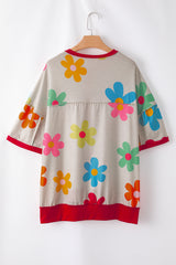 T-shirt with drooping shoulders and contrasting border with pink floral eyelets