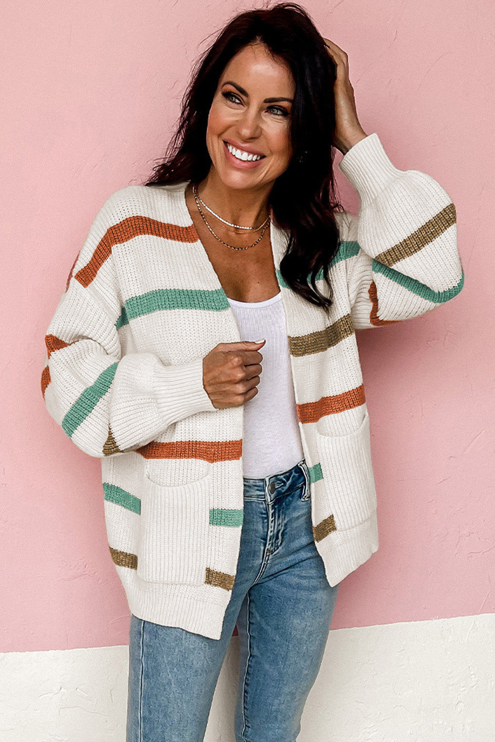 BEIGE DROP GLI SCRIPE STRIPE MWATH CARDIGAN