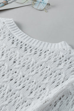 Textured white sweater with semi-long and openwork sleeves