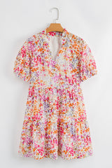 Robe courte à volants et manches bouffantes à fleurs rouges