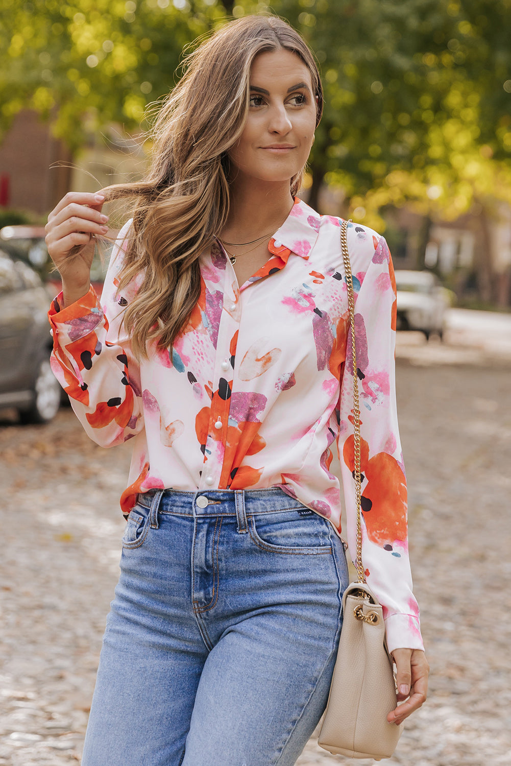 Camicia a bottiglia a maniche lunghe con stampa a astratto multicolore