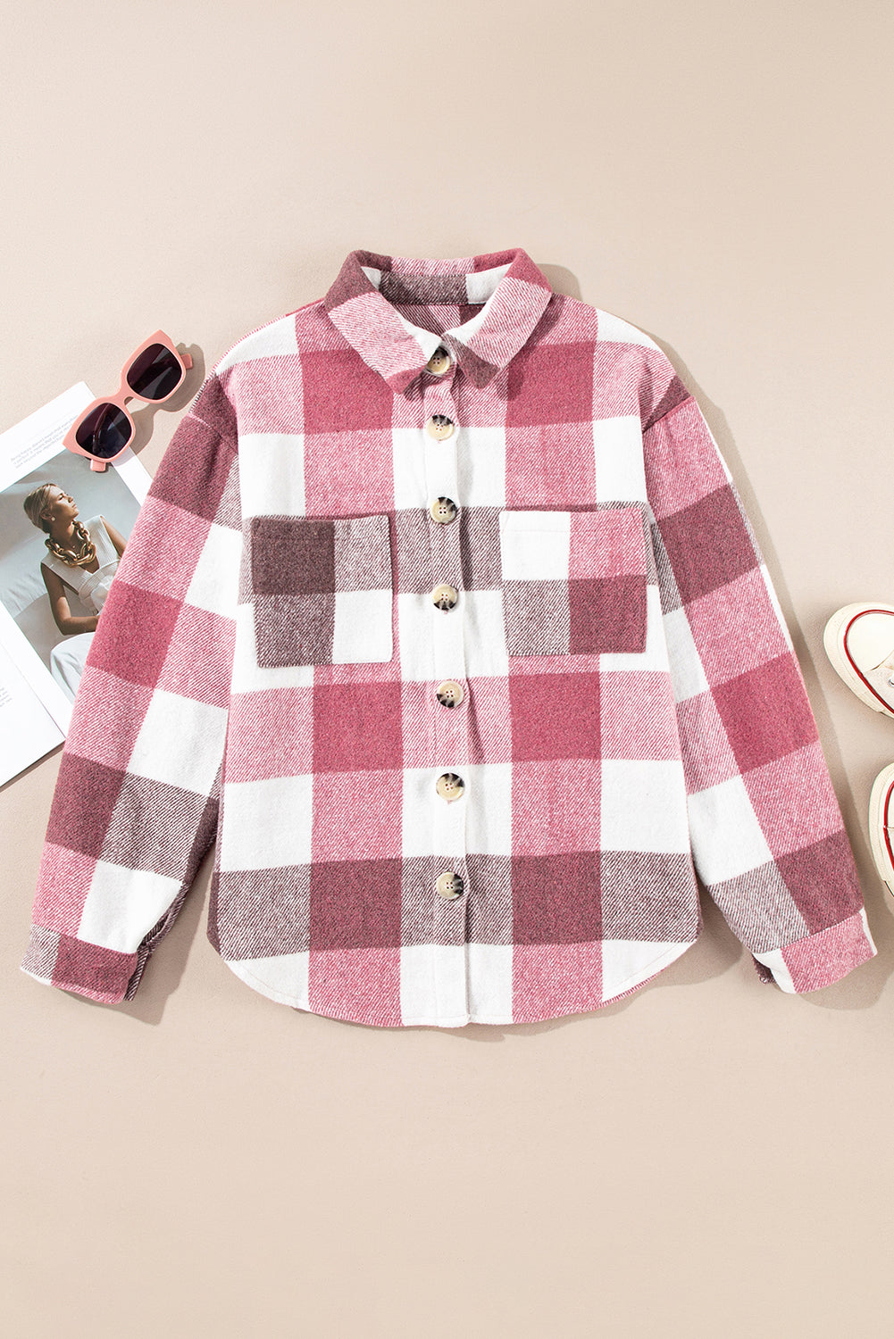 Color Block Button Up Long Sleeve Plaid Jacket with Pocket