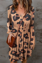Leopard Print Button Front Puff Sleeve Loose Knit Dress