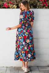 Robe longue verte rétro à imprimé floral et col fendu