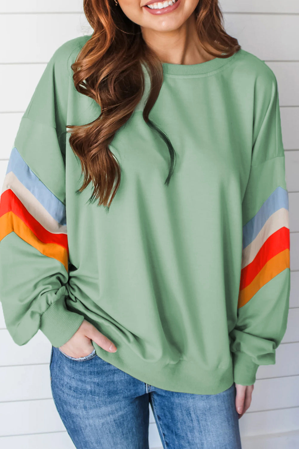 Luz de luna jade arcoiris manga rayado cuello sudadera suelta