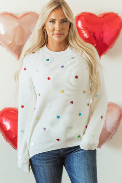 Beige Sequin Heart Waffle Knit Crew Neck Sweater