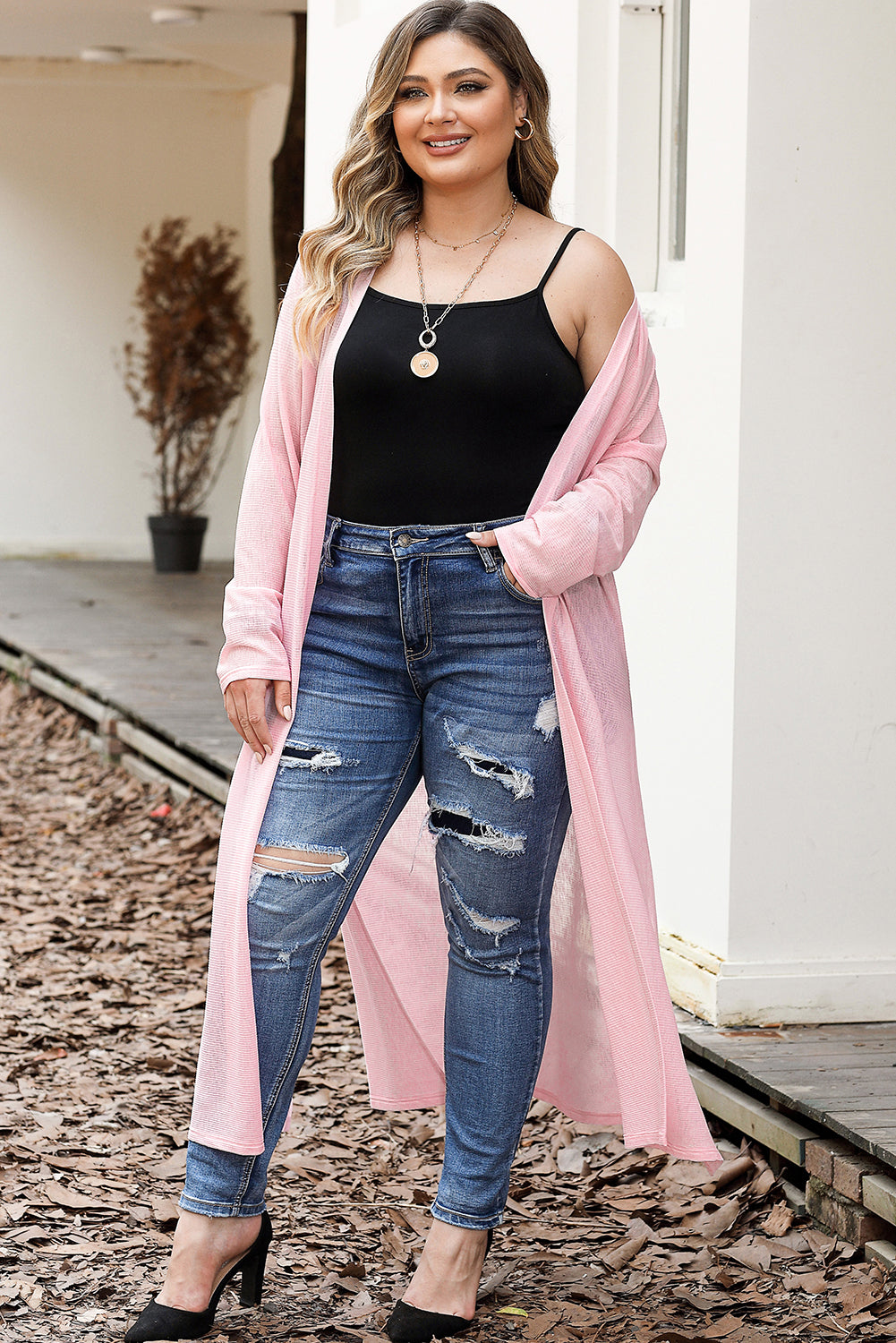 Plus Size Long Sheer Mesh Pink Cardigan with Side Slit