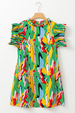 Mini-abstract print red and ruffle neck and green ruffle sleeves