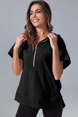 Black short sleeve hoodie with kangaroo pocket with half zip