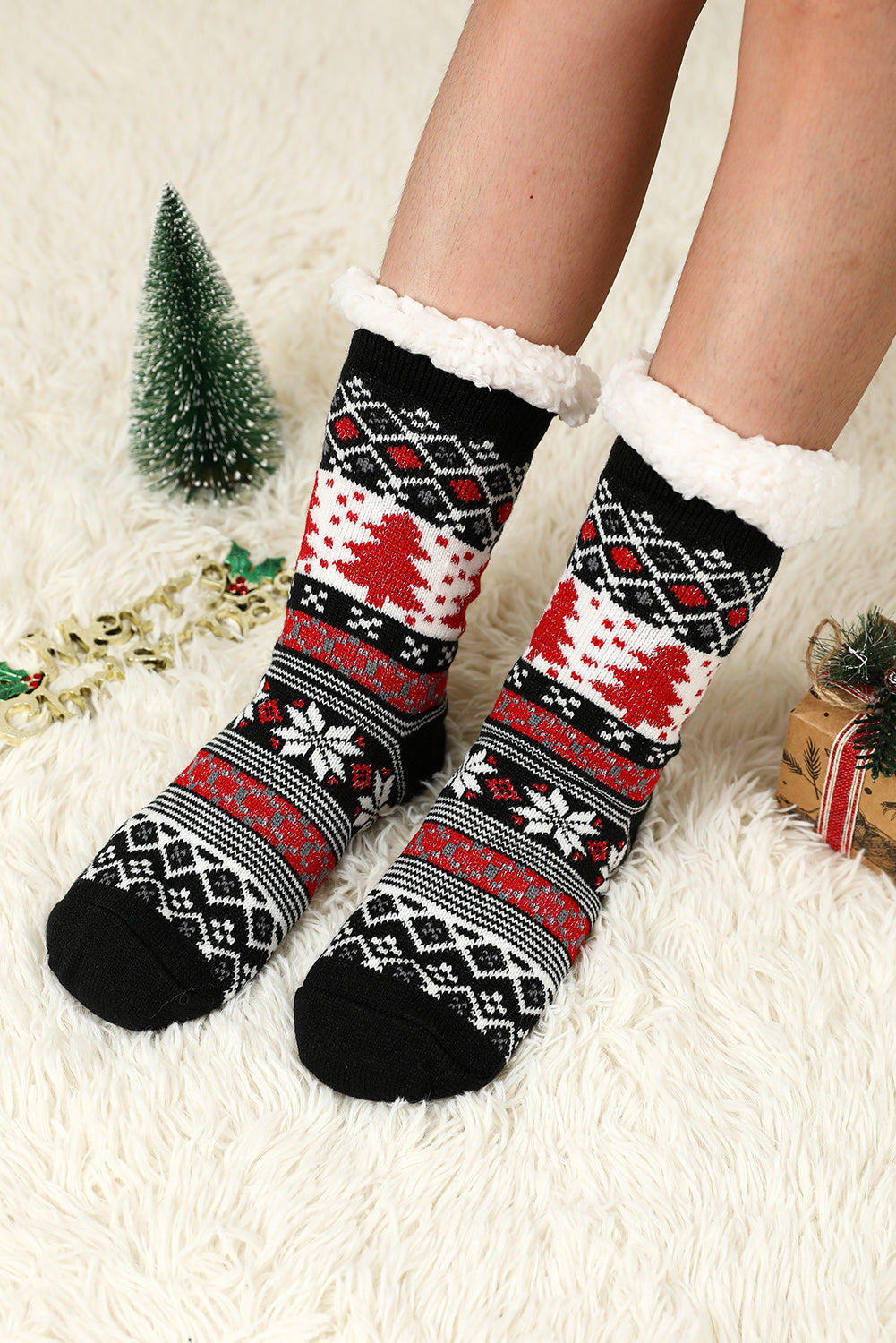 Chaussettes thermiques noires à motif d'arbre de Noël