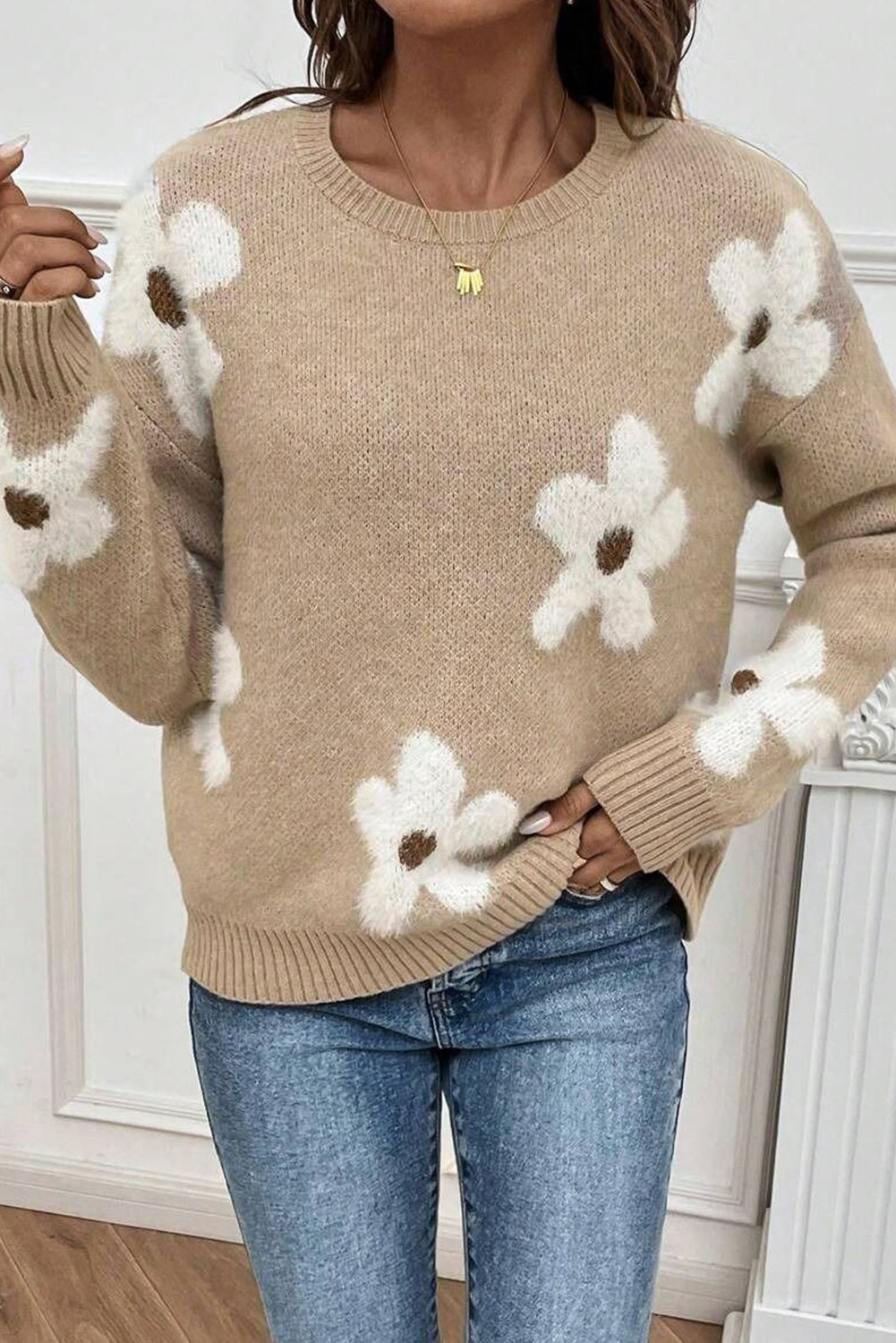 Parchment Flower Pattern Ribbed Crew Neck Sweater