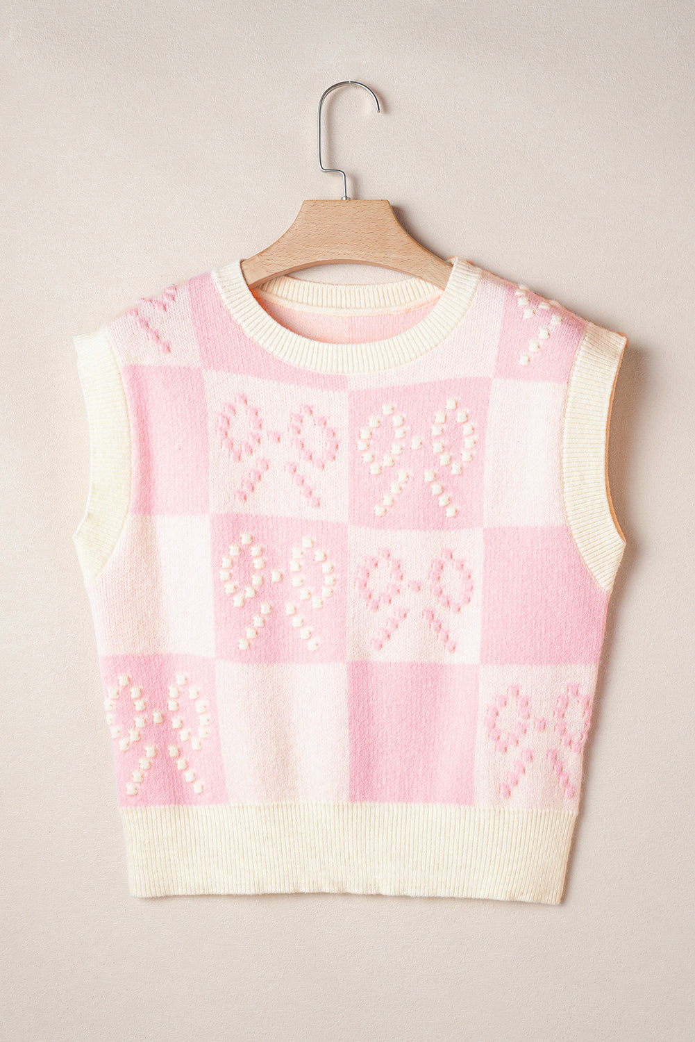 Suéter a cuadros rosa preppy con nudo y detalle