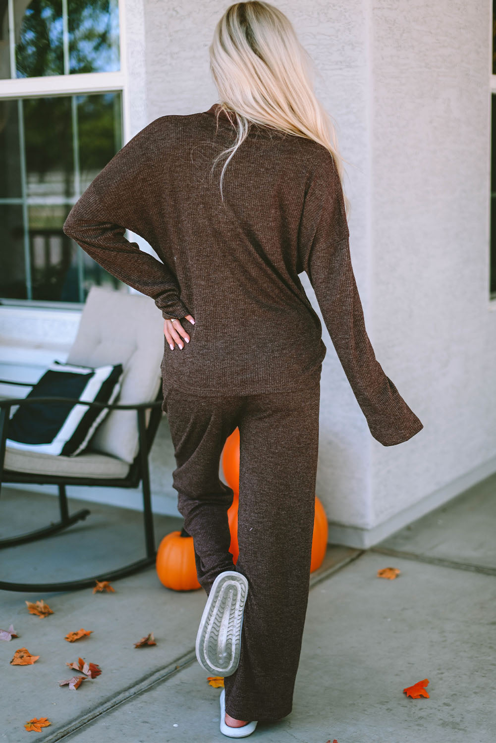 Brown Caned Caned Collared Henley Top and Pants Lounge