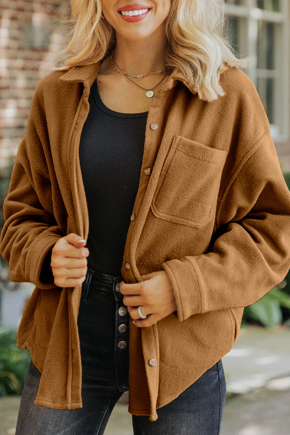 Buttoned fleece jacket with camel breast pocket