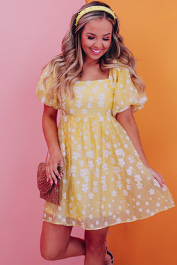 Yellow bohemian floral jacquard square neck puff sleeve mini dress