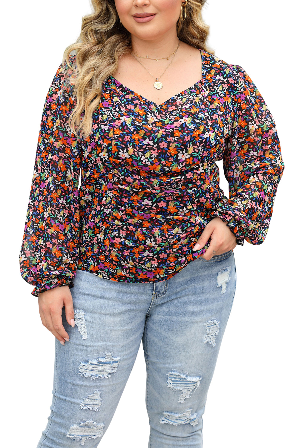 Black Plus Size V Neck Bubble Maniche Floral Blouse