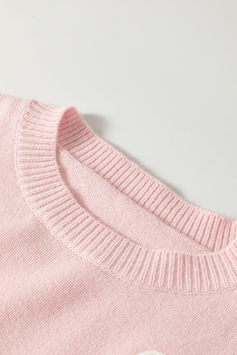 Pink Chenille Daisy Stitching Crew Neckpullover