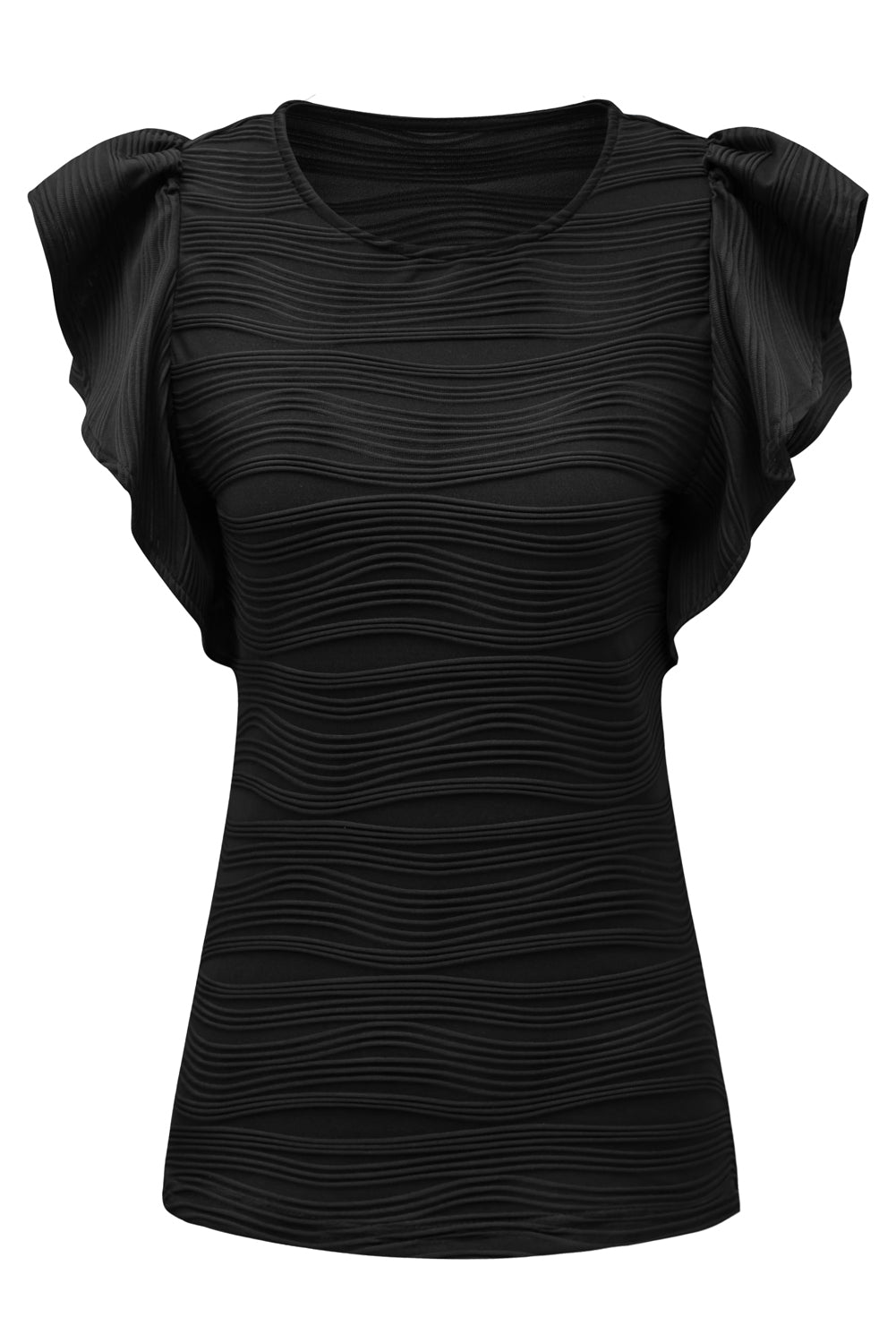 Black Wavy Textured Ruffle Sleeve Top