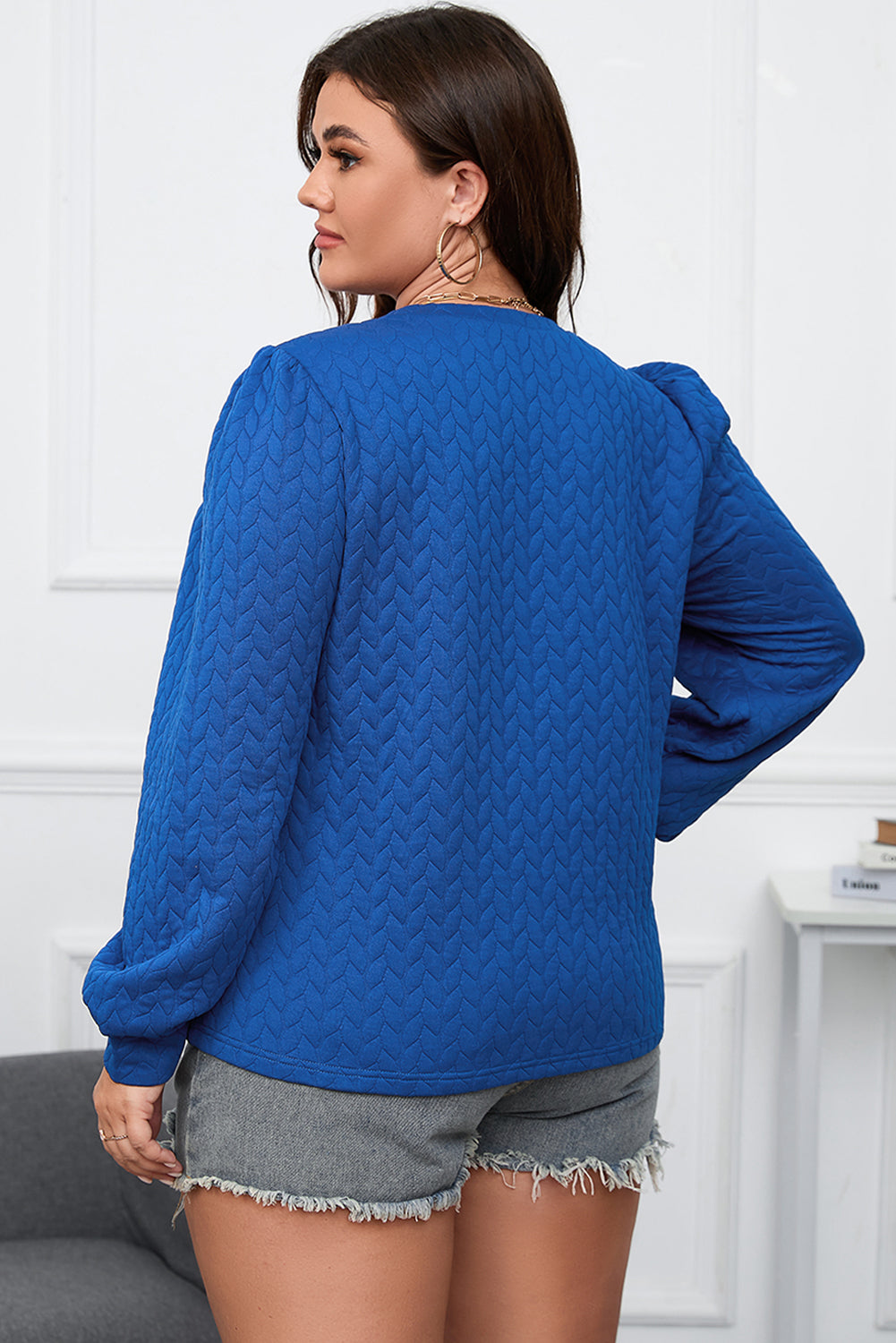 Dark blue twisted pattern puff sleeve top, plus size