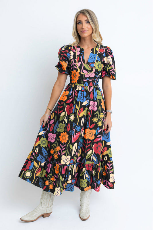 Robe longue noire rétro à imprimé floral et col fendu