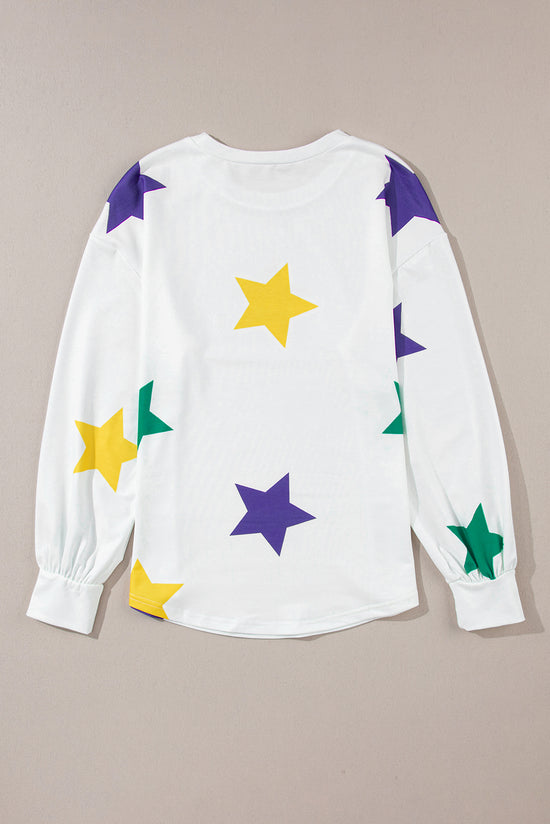 White Mardi Gras Star Print Long Sleeve Top