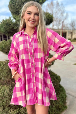 Flared mini shirt dress with bracelet sleeves and pink red plaid collar