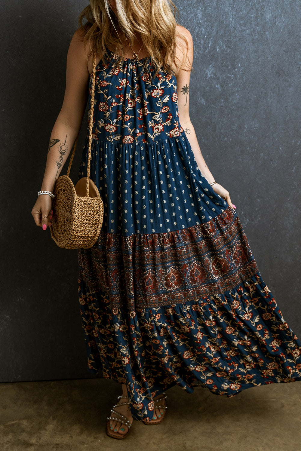 Blue Boho Blumenspleißen ärmellose Maxikleid